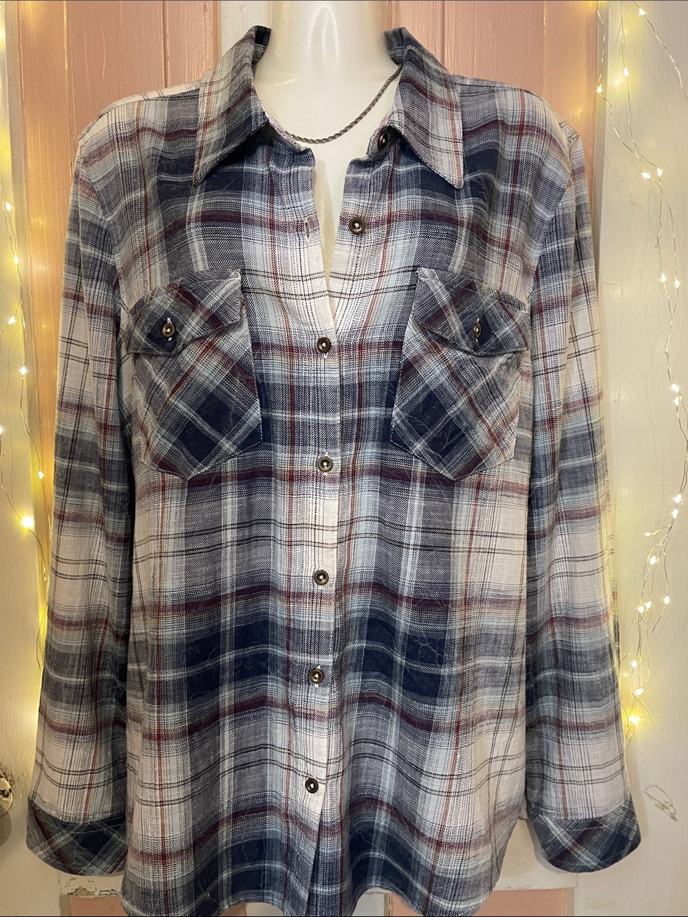 Natural Reflections Blue & White Plaid Button-Up Shirt large